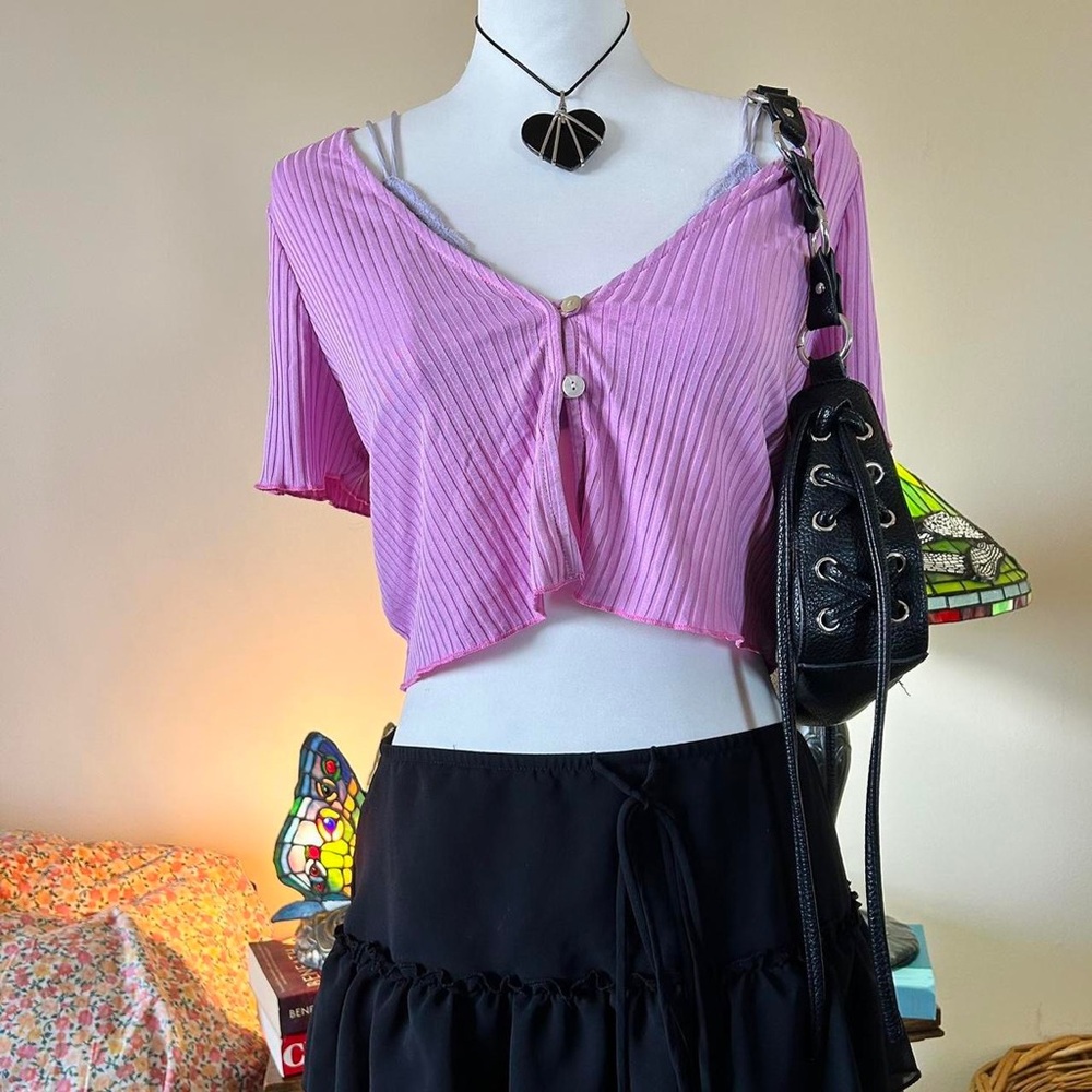 Women's Lilac Ribbed Cropped Button-Front Top